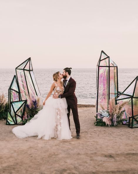 Spanish Beach Wedding with Iridescent Decor, Pampas Grass and Festival Vibes