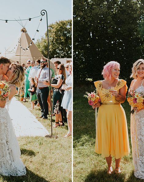 Canary Yellow Bridesmaid Dresses At Farm Wedding With PapaKata Tipi ...