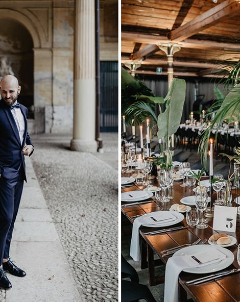Navy Tuxedo for Wedding at Contemporary Industrial Warehouse in Italy