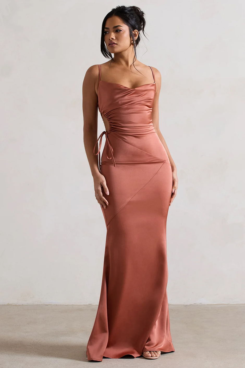 Burnt peach bridesmaid dress from Club L with cowl neck and cut out 