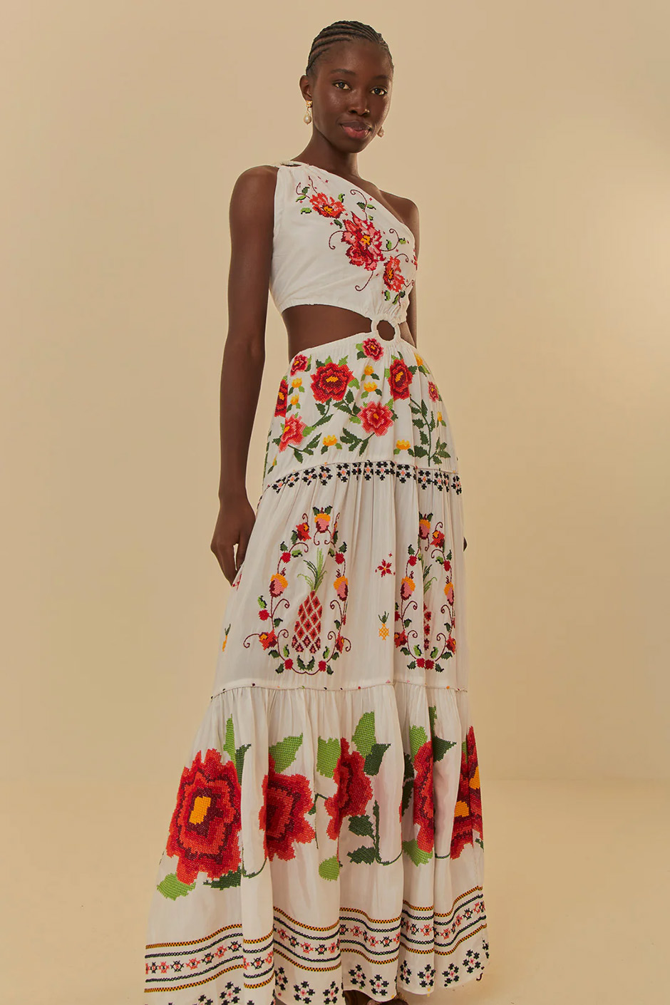 One shoulder embroidered maxi dress in white with floral design from Farm Rio for summer wedding guest dress idea
