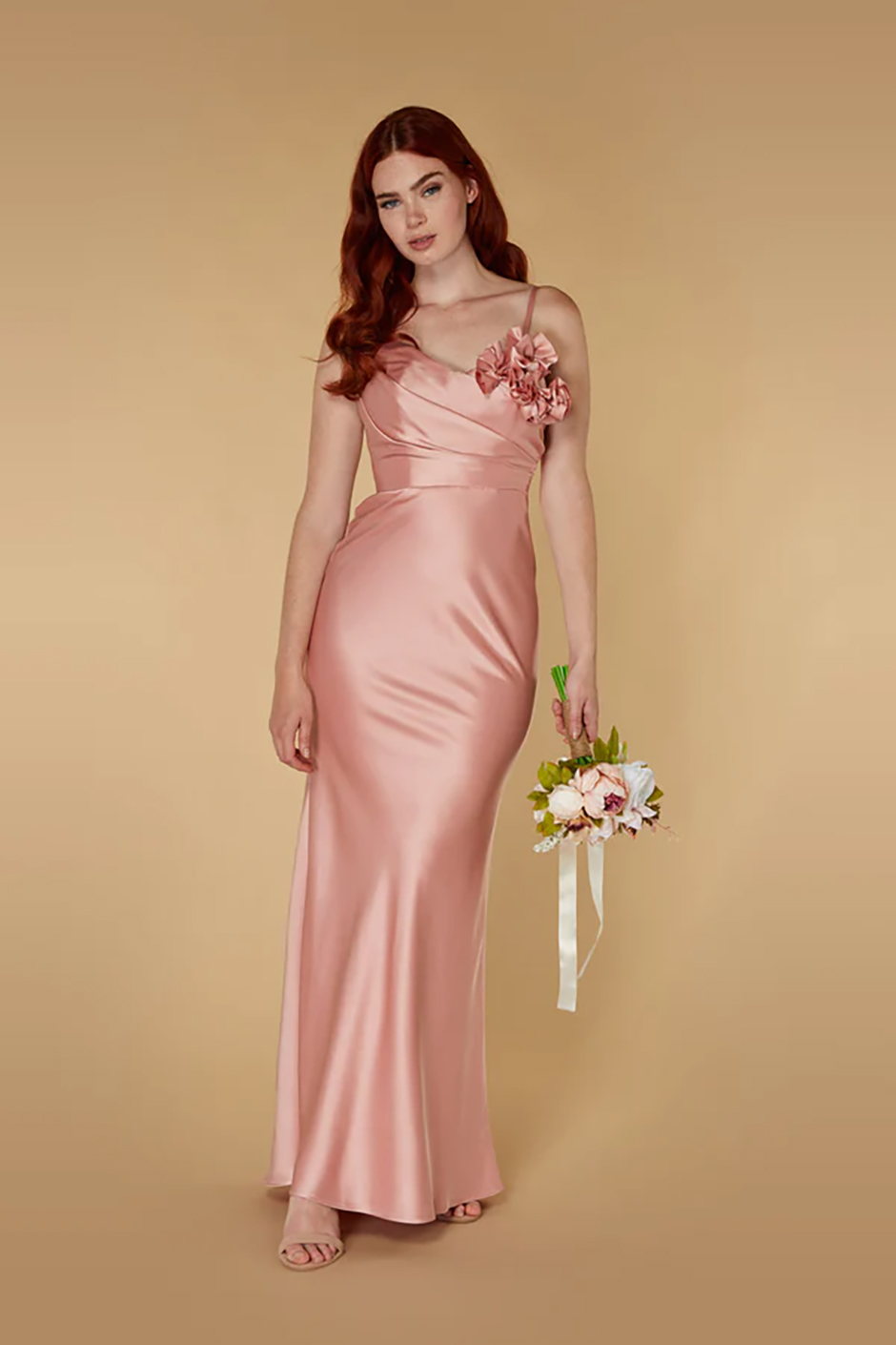 Spring bridesmaid dress from Jarlo - blush satin one shoulder maxi dress with floral applique by the shoulder