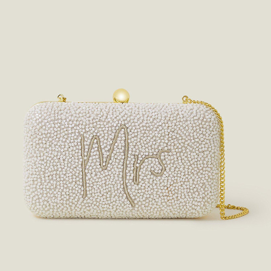 Hardcase bridal clutch from Assessorize with "Mrs" embroidered on the front 