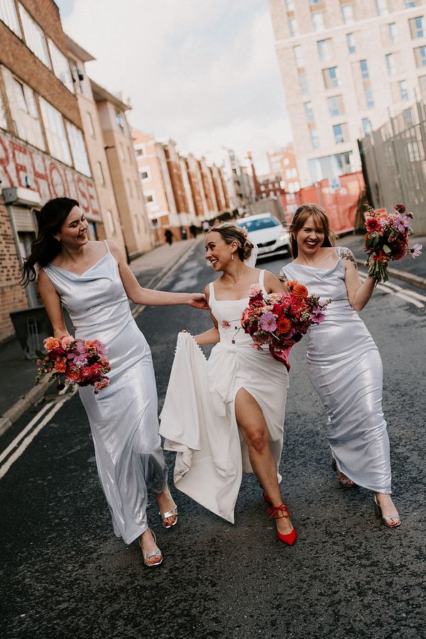 Bridesmaids in Silver dresses