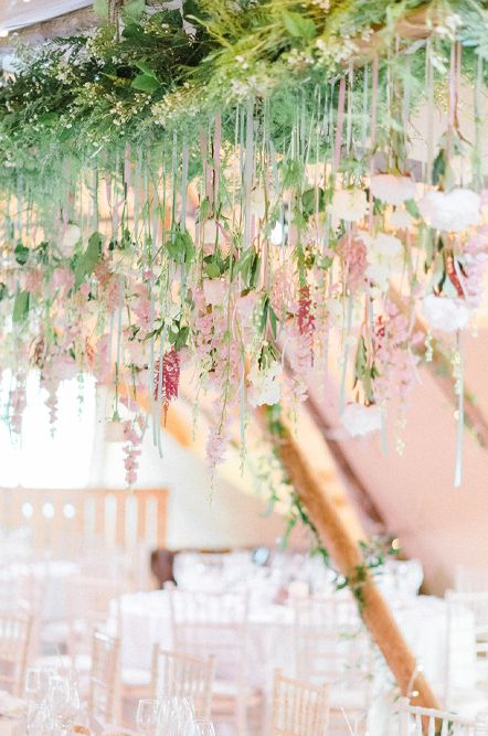Hanging Flower Installation | Brinkburn Priory | Liz Martinez Wedding Dress | Sarah Jane Ethan Photography