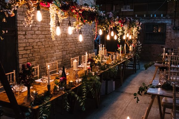 Edison Bulb Floral Installation at Kingsthorpe Lodge Barn | Sassi Holford Bridal Gown | Dessy Bridesmaids Dresses | Johnny Dent Photography
