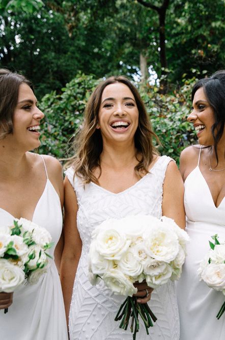 White Bridesmaids Dresses and Black Tuxedos for Sophisticated Somerset House Wedding with Candle Favours, shot by Photography by Krishanthi