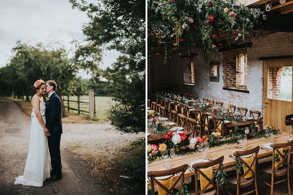 'Frida Kahlo' Flower Crown, Halfpenny London Bridal Separates and Colourful Bouquets with Peonies for Suffolk Wedding, shot by From The Smiths Photography