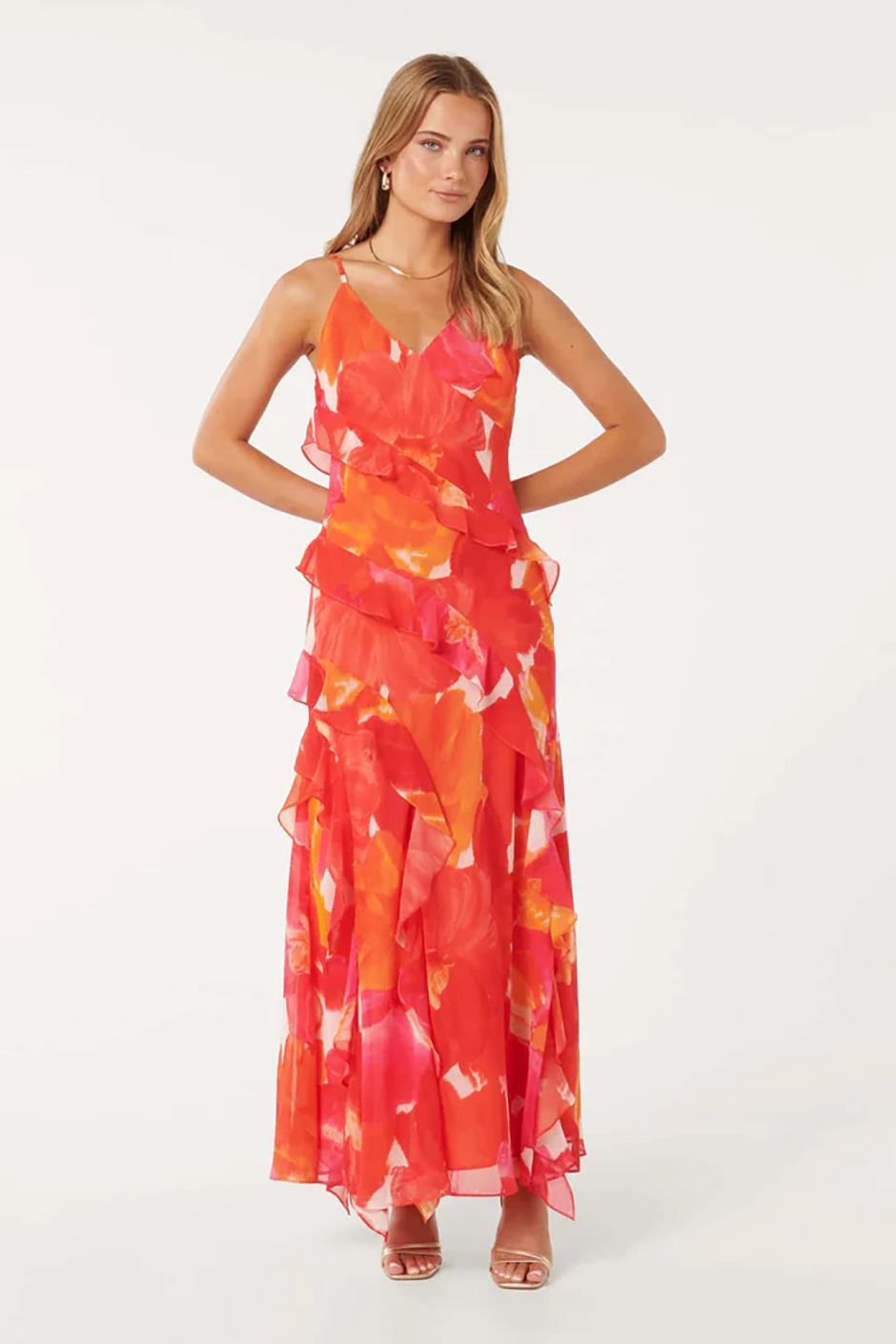 Ruffle maxi dress in sunset tones 'parker floral' colour from Forever New for summer wedding guest dress idea