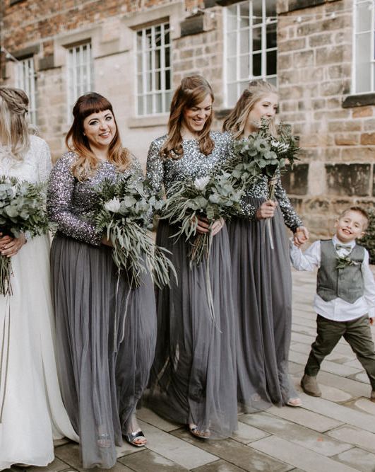 Bridesmaids In Charcoal Grey Dresses