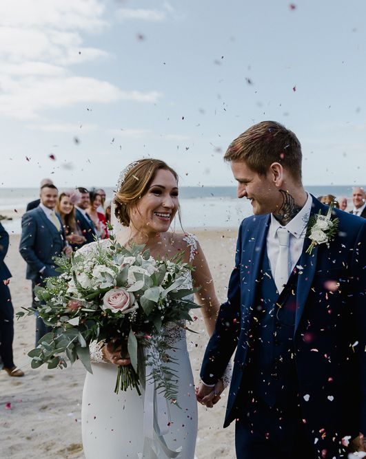 Lusty Glaze Beach Wedding Newquay Cornwall | Lace Long Sleeve Martina Liana Wedding Dress | Blue Jarlo London Bridesmaid Dresses | Alexa Poppe Photography