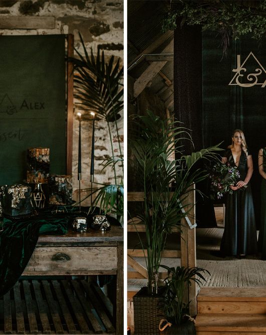 Forest Green and Black Dark Decadence Wedding Inspiration in a Rustic Barn Planned & Styled by Knots & Kisses with Images by Daze of Glory Photography