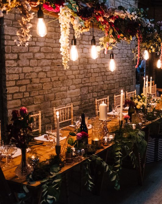 Edison Bulb Floral Installation at Kingsthorpe Lodge Barn | Sassi Holford Bridal Gown | Dessy Bridesmaids Dresses | Johnny Dent Photography