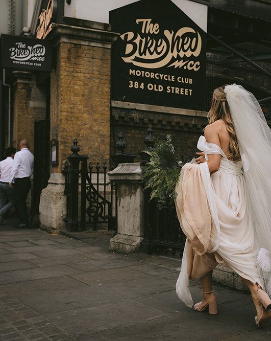 Bike Shed Motorcycle Club Wedding for ELLE Digital Editor | Bespoke Bridal Dress | Paul Smith Suit | Drag Queen | Nigel John Photography