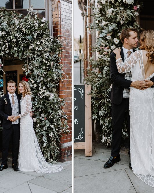 Floral Arch and Bride in Batwing Sleeve Halfpenny Dress for London Pub Wedding at The Star in Highgate, Images by Caitlin + Jones Photography