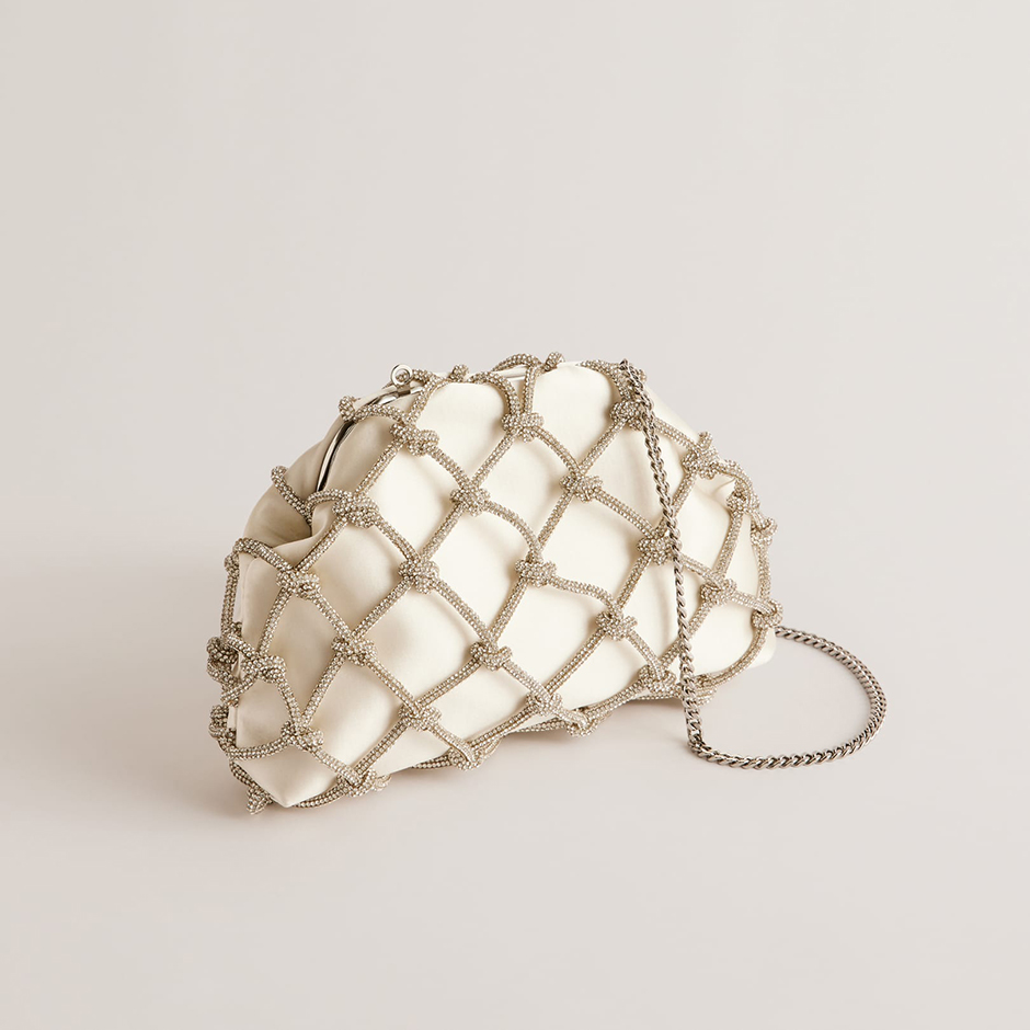 Satin bridal clutch from Ted Baker in ivory with woven crystal rope sparkly embellishment
