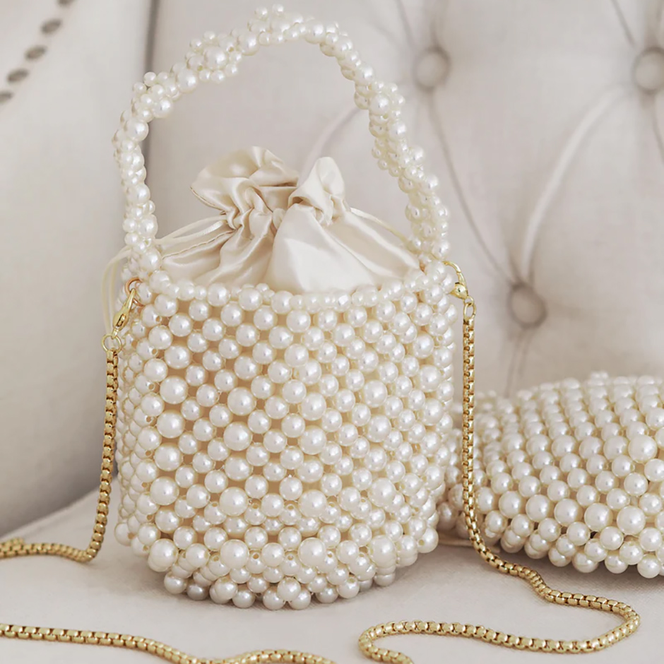Mini bucket pearl bridal bag with gold chain strap and satin inside lining