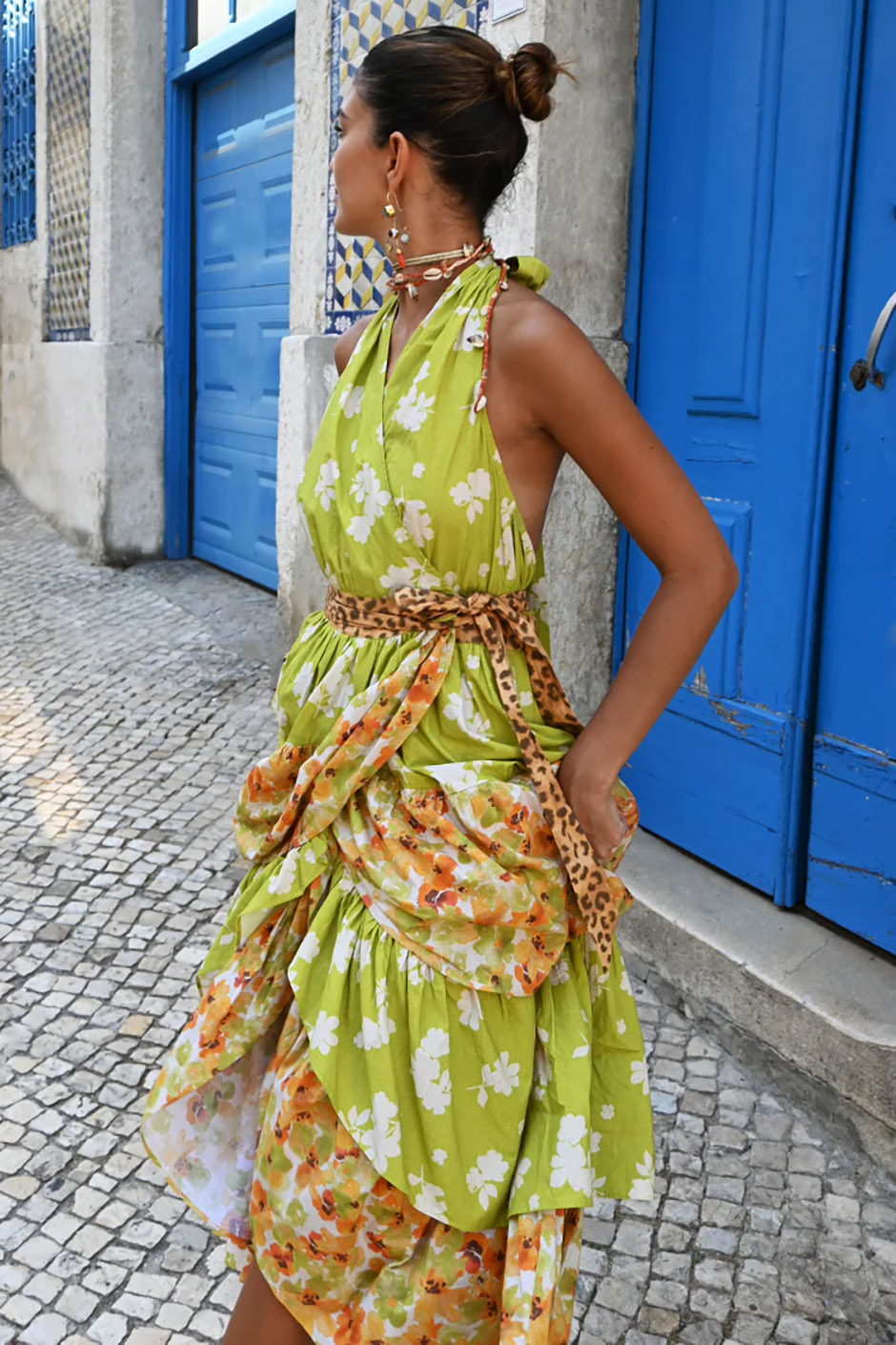 spring and summer wedding guest dress - green and leopard print halter neck dress from Never Fully Dressed