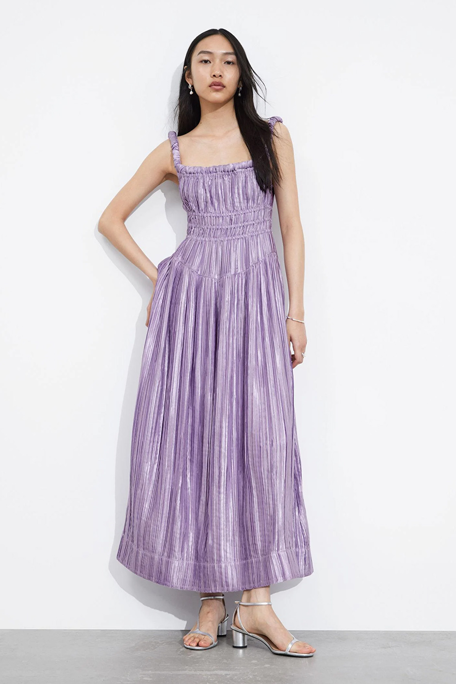 Shirred satin midi dress in shimmery lilac colour from & Other Stories for summer wedding guest dress idea