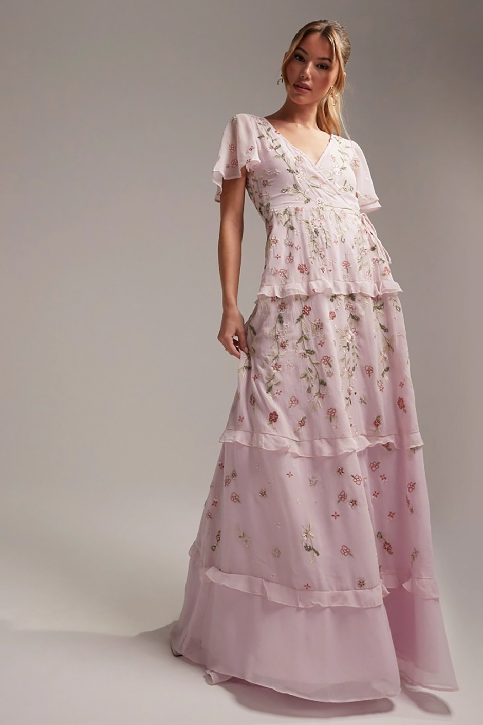 Spring bridesmaid dress from asos - wrap pink maxi dress with floral embroidery 