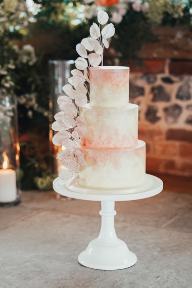 cherry tree cakerie blush and green handpainted wedding cake with wafer paper honesty