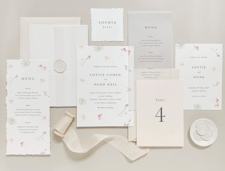 peony rose wildflower wedding invitation set