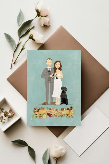 little ivory weddings custom wedding illustration portrait invitation with dog