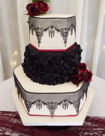 gails cake pantry ivory lace black ruffels hexagon round wedding cake