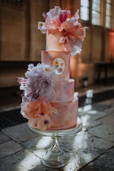 cherry tree cakerie handpainted watercolour wedding cake with wafer paper ruffles and pressed flowers