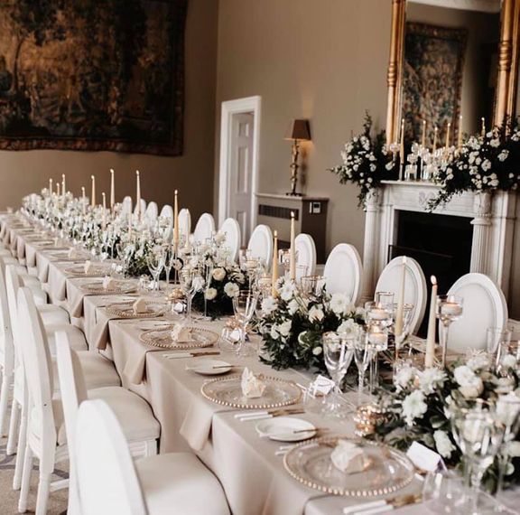ambience venue styling uk ambience venue styling lux luxury wedding table decor top trestle breakfast charger plate candlelight taper green white cream metallic ivory mantelpiece high impact florals