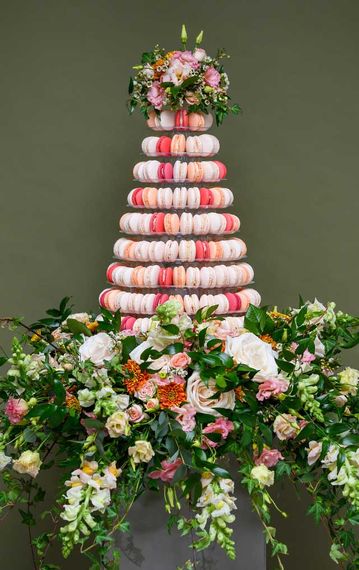 bluebell kitchen london macaron tower wedding cake in bold orange  pink pastels