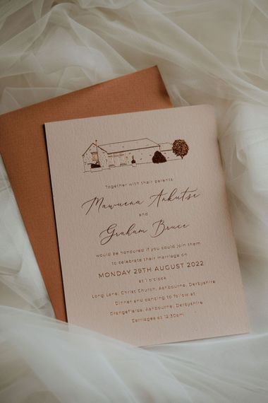 silk ink designs venue illustration wedding invitation with copper hot foil
