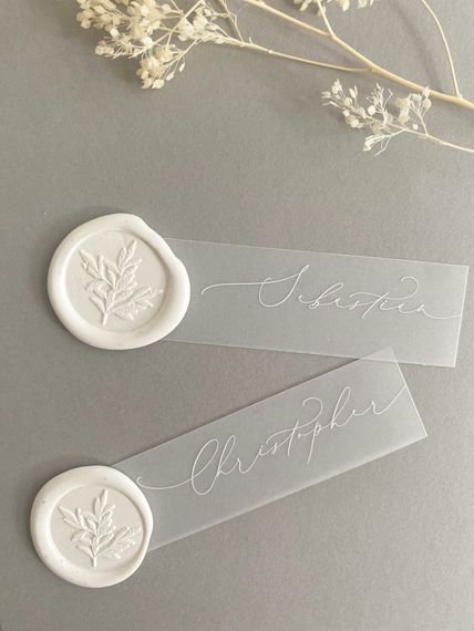 lilac white transparent name tag with white ink