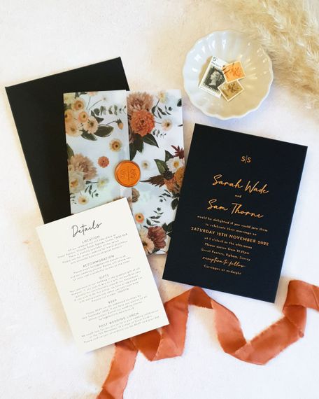 silk ink designs copper hot foil black and autumnal wedding invitation