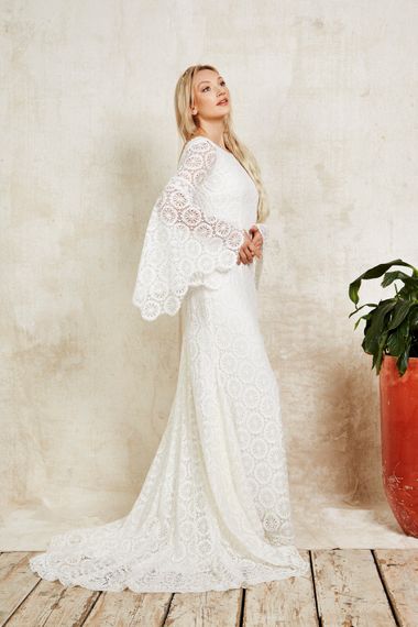 indiebride london bohemian lace wedding dress with bell sleeves 3