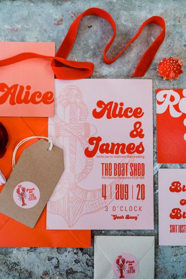 Retro red and pink wedding stationery suite