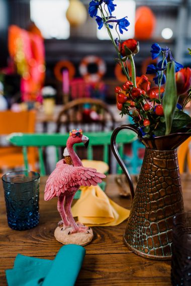 Pitcher jug and ceramic flamingo wedding table decor