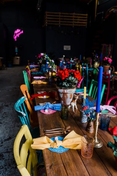 colourful wedding theme table decor for boat shed reception