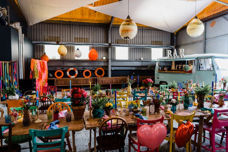 Boat shed styled reception with colourful wedding theme