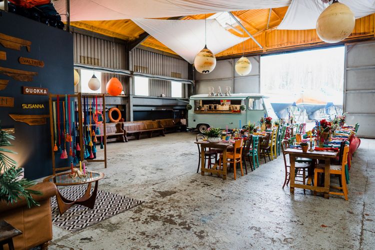 colourful wedding theme at boat shed reception