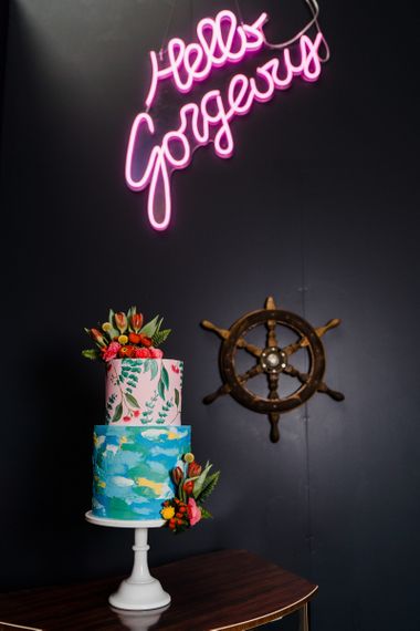 Neon wedding sign and cake for colour wedding theme