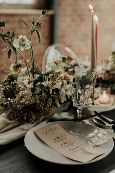Place setting with celestial menu card on the day wedding stationery