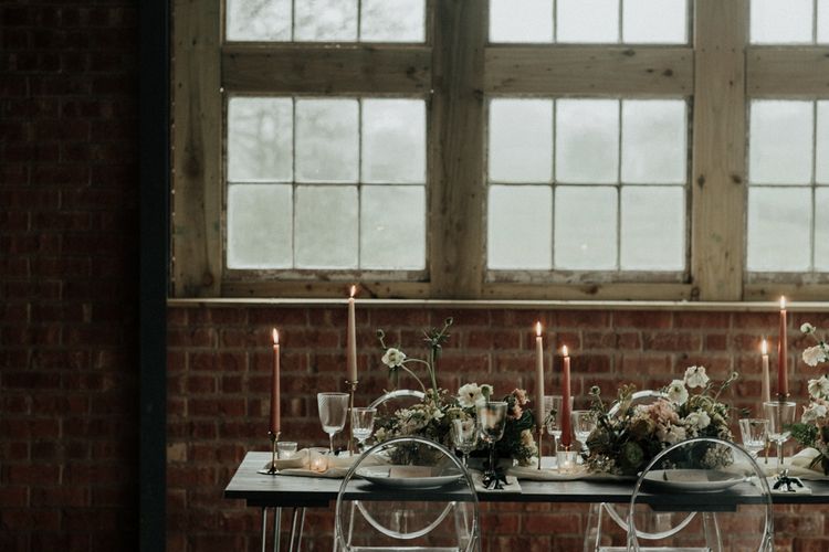 Intimate wedding reception table at The Giraffe Shed in Wales with bridal crop top