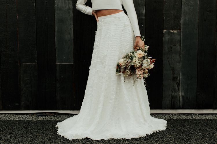 Bridal crop top with long sleeves and sequin skirt separates