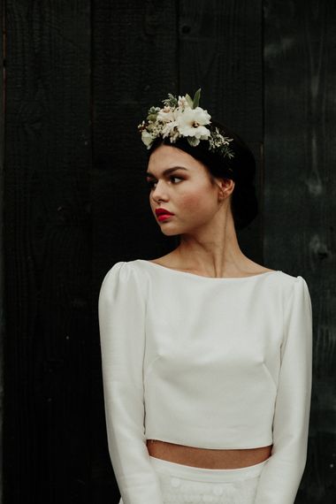 Boho bride in plain bridal crop top and flower crown