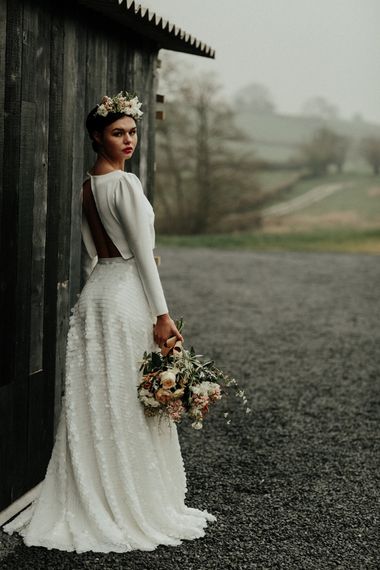 Bridal crop top with open back and long sleeves