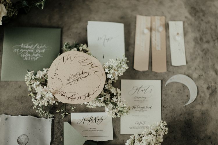 Pink, Grey and White celestial wedding stationery suit