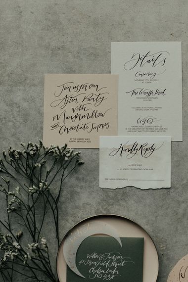 Pink and grey wedding stationery with script font