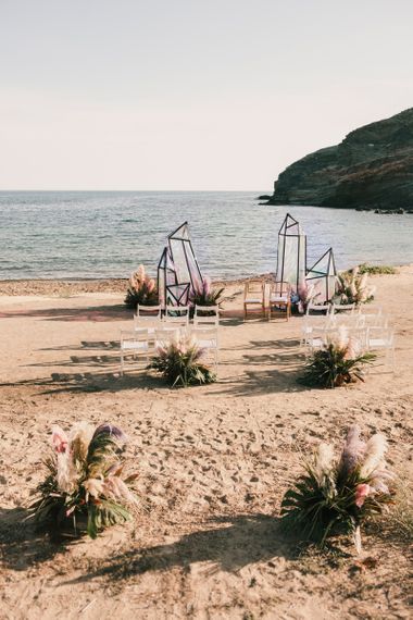 Iridescent geode structures at Spanish Beachj wedding