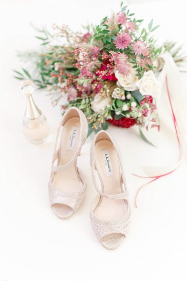 L.K. Bennett Bridal Shoes & Bridal Bouquet | Red New Years Eve Winter Wedding at Iscoyd Park, Shropshire | White Stag Wedding Photography | Lovetwofilm